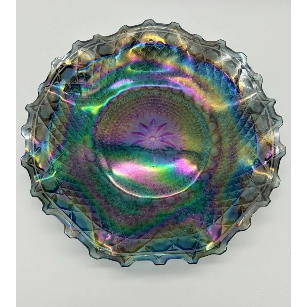 Vintage Indiana Glass Iridescent Carnival Diamond Flower Tray Dish Bowl 10" #24